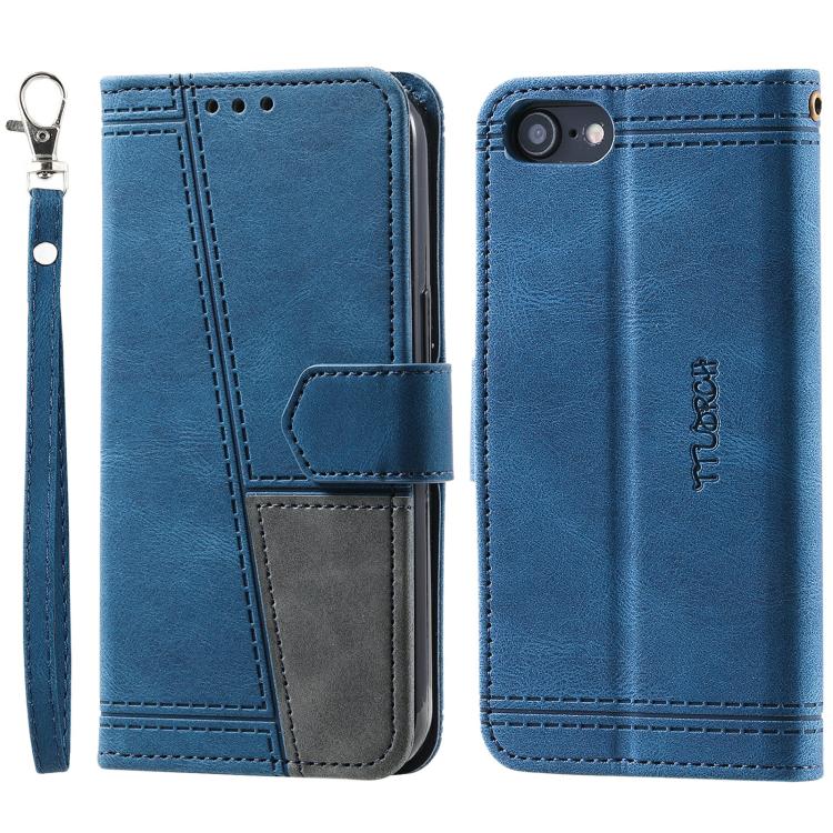 For iPhone 16e TTUDRCH Embossed Line Splicing Leather Phone Case(Blue) by bashfashion