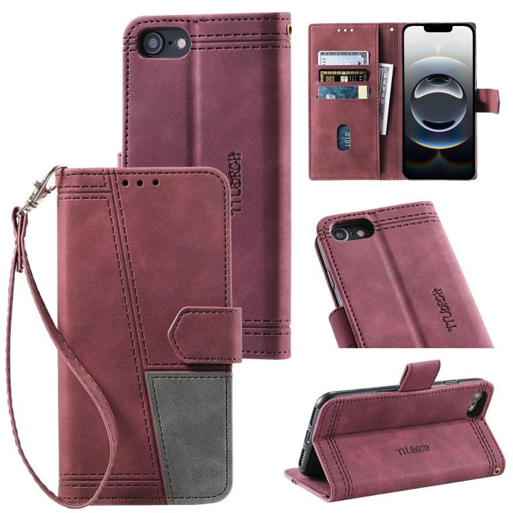 For iPhone 16e TTUDRCH Embossed Line Splicing Leather Phone Case(Wine Red) by bashfashion
