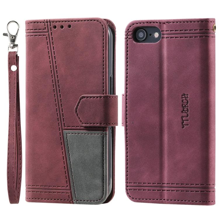 For iPhone 16e TTUDRCH Embossed Line Splicing Leather Phone Case(Wine Red) by bashfashion