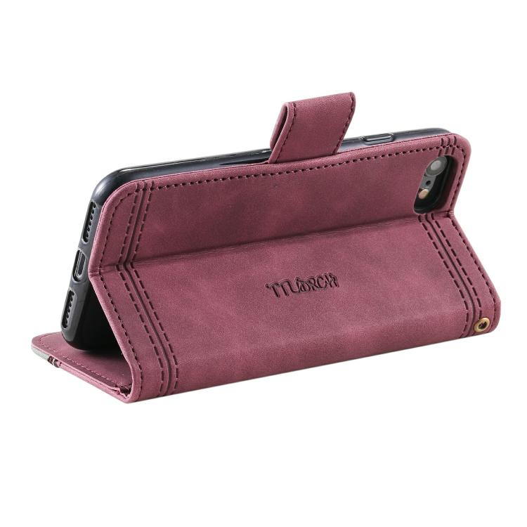 For iPhone 16e TTUDRCH Embossed Line Splicing Leather Phone Case(Wine Red) by bashfashion
