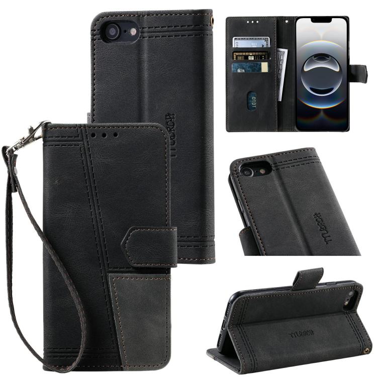 For iPhone 16e TTUDRCH Embossed Line Splicing Leather Phone Case(Black) by bashfashion