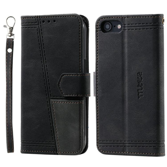 For iPhone 16e TTUDRCH Embossed Line Splicing Leather Phone Case(Black) by bashfashion