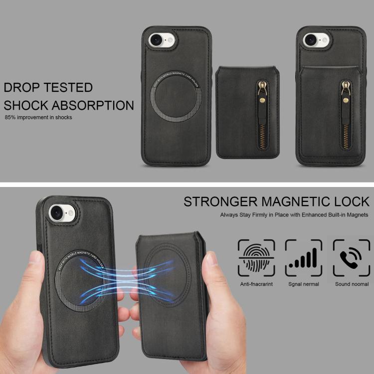 For iPhone 16e Zipper Wallet Split MagSafe Leather Back Phone Case(Black) by bashfashion