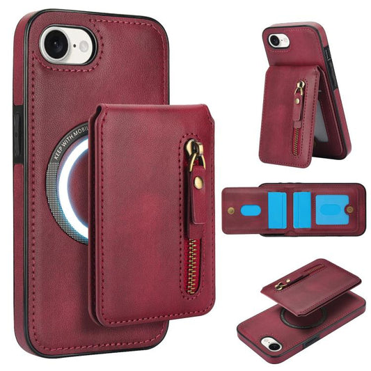 For iPhone 16e Zipper Wallet Split MagSafe Leather Back Phone Case(Red) by bashfashion