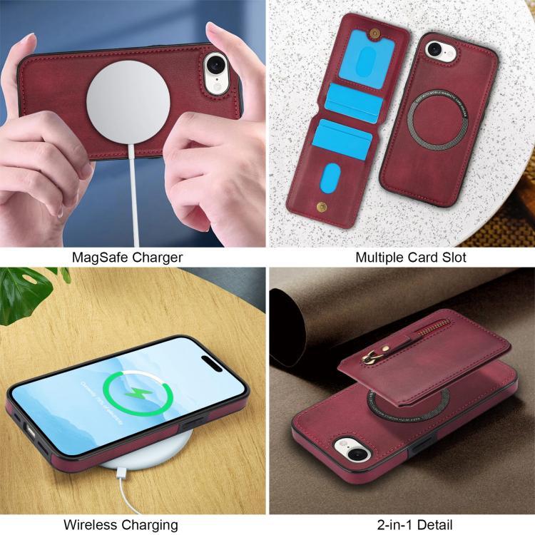 For iPhone 16e Zipper Wallet Split MagSafe Leather Back Phone Case(Red) by bashfashion