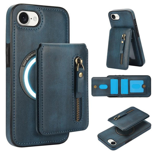 For iPhone 16e Zipper Wallet Split MagSafe Leather Back Phone Case(Blue) by bashfashion