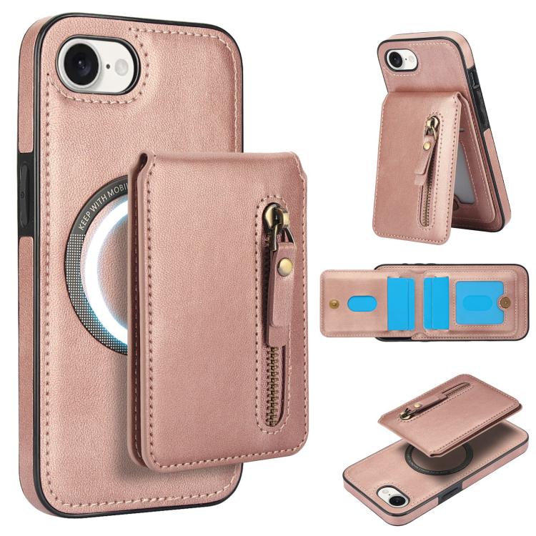 For iPhone 16e Zipper Wallet Split MagSafe Leather Back Phone Case(Rose Gold) by bashfashion