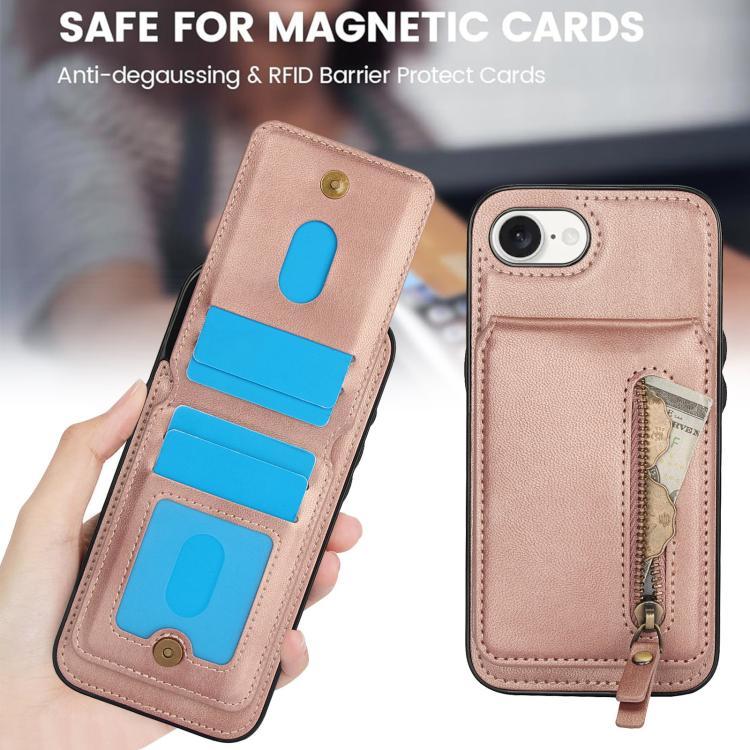 For iPhone 16e Zipper Wallet Split MagSafe Leather Back Phone Case(Rose Gold) by bashfashion