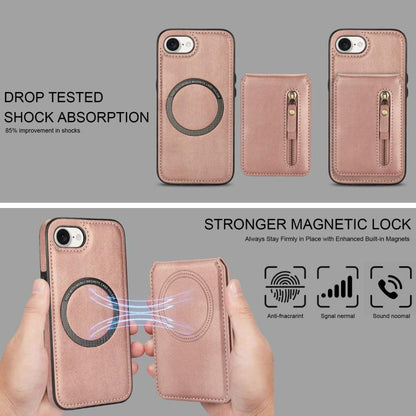 For iPhone 16e Zipper Wallet Split MagSafe Leather Back Phone Case(Rose Gold) by bashfashion