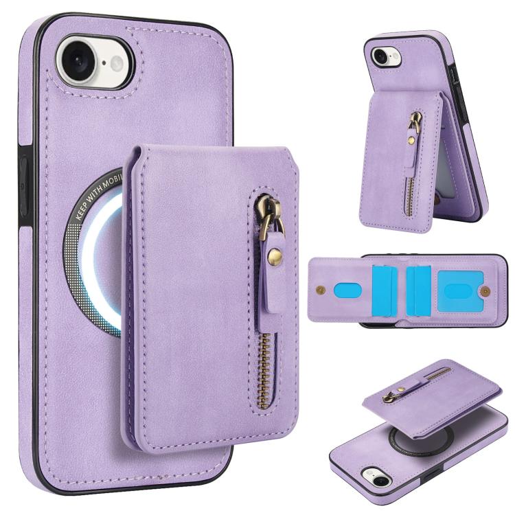 For iPhone 16e Zipper Wallet Split MagSafe Leather Back Phone Case(Purple) by bashfashion