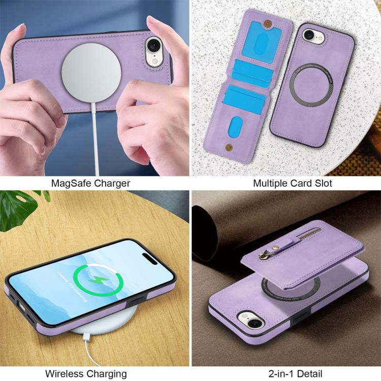 For iPhone 16e Zipper Wallet Split MagSafe Leather Back Phone Case(Purple) by bashfashion