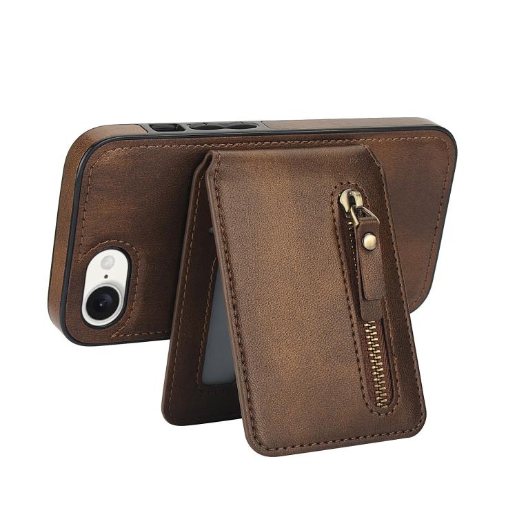 For iPhone 16e Zipper Wallet Split MagSafe Leather Back Phone Case(Brown) by bashfashion