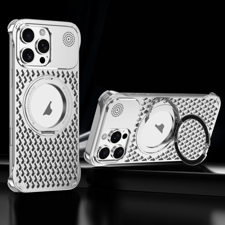For iPhone 16 Pro Max R-JUST RJ-64 Aromatherapy Heat Dissipation MagSafe Phone Case with Stand(Silver) by R-JUST