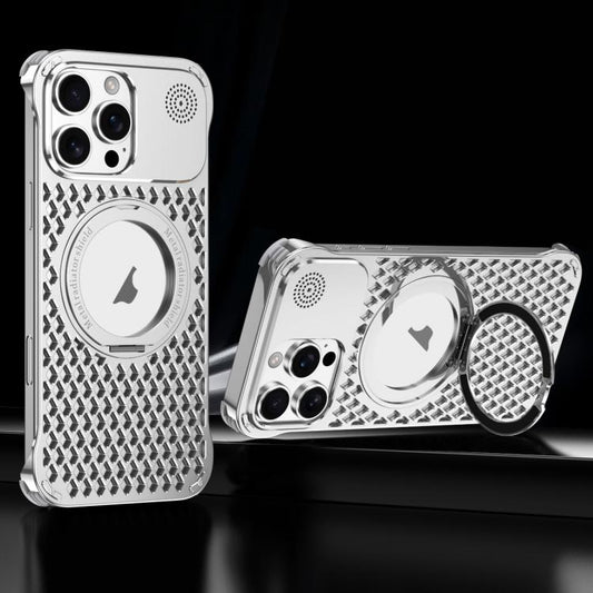For iPhone 16 Pro Max R-JUST RJ-64 Aromatherapy Heat Dissipation MagSafe Phone Case with Stand(Silver) by R-JUST