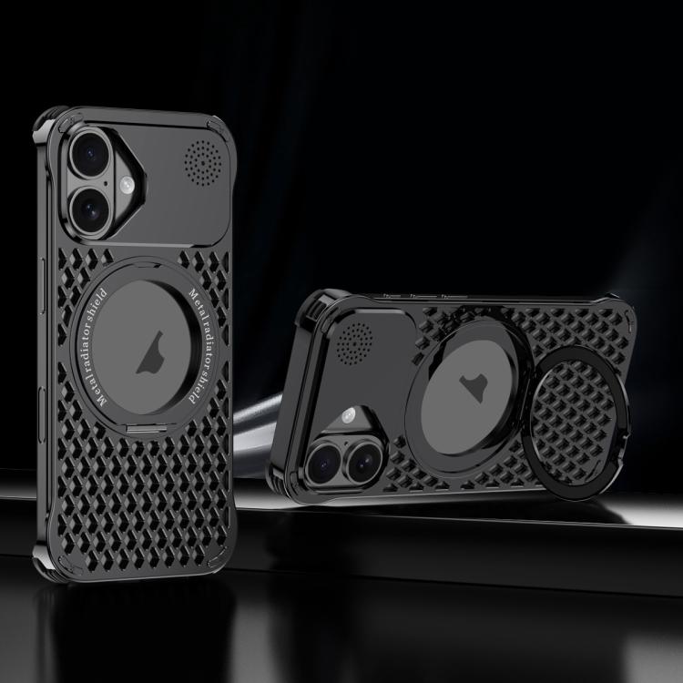 For iPhone 16 R-JUST RJ-64 Aromatherapy Heat Dissipation MagSafe Phone Case with Stand(Black) by R-JUST