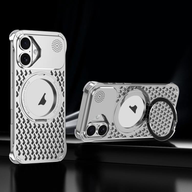 For iPhone 16 R-JUST RJ-64 Aromatherapy Heat Dissipation MagSafe Phone Case with Stand(Silver) by R-JUST