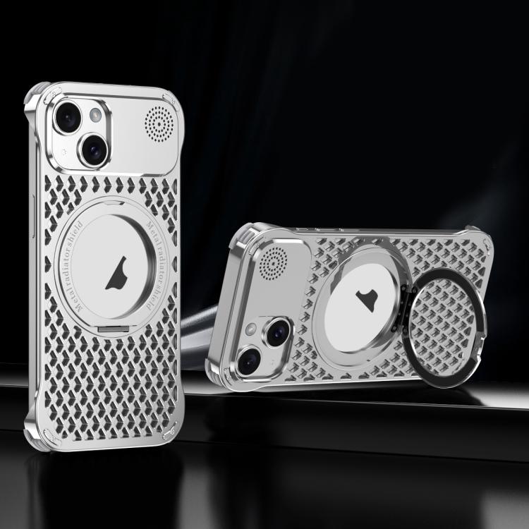 For iPhone 15 R-JUST RJ-64 Aromatherapy Heat Dissipation MagSafe Phone Case with Stand(Silver) by R-JUST