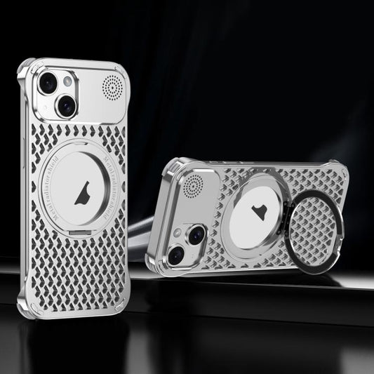 For iPhone 15 R-JUST RJ-64 Aromatherapy Heat Dissipation MagSafe Phone Case with Stand(Silver) by R-JUST
