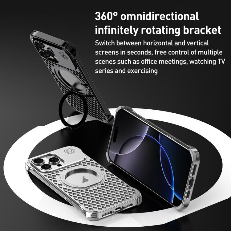 For iPhone 16 R-JUST RJ-64 Aromatherapy Heat Dissipation MagSafe Phone Case with Stand(Black) by R-JUST