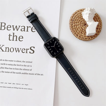 For Apple Watch Series 9&8&7 41mm / SE 3&SE 2&6&SE&5&4 40mm / 3&2&1 38mm V Tail Style Stitching Leather Watch Band(Dark Blue) by bashfashion