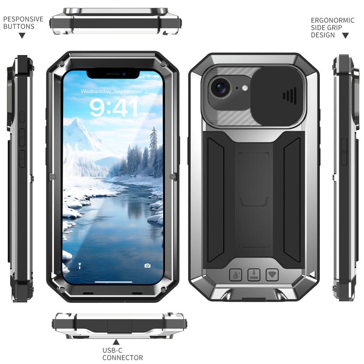 For iPhone 16e Sliding Camera IP68 Waterproof Holder Phone Case(Silver) by bashfashion