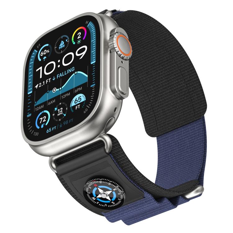 For Apple Watch 46mm / 49mm / 45mm / 44mm Kalebol Compass Nylon Loop Watch Strap(Black Blue) by Kalebol