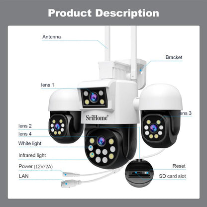 SriHome SH069 8MP 3X Digital Zoom HD Quad-lens Security Camera, Plug:AU Plug by SriHome