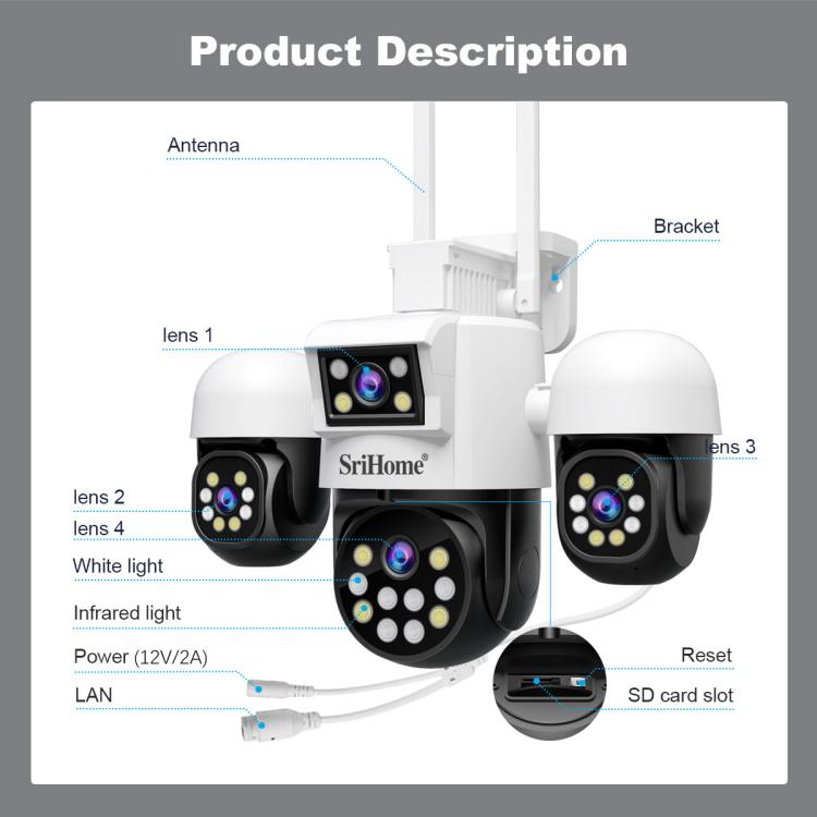 SriHome SH069 8MP 3X Digital Zoom HD Quad-lens Security Camera, Plug:US Plug by SriHome