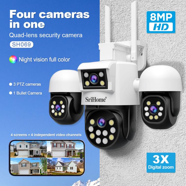 SriHome SH069 8MP 3X Digital Zoom HD Quad-lens Security Camera, Plug:US Plug by SriHome