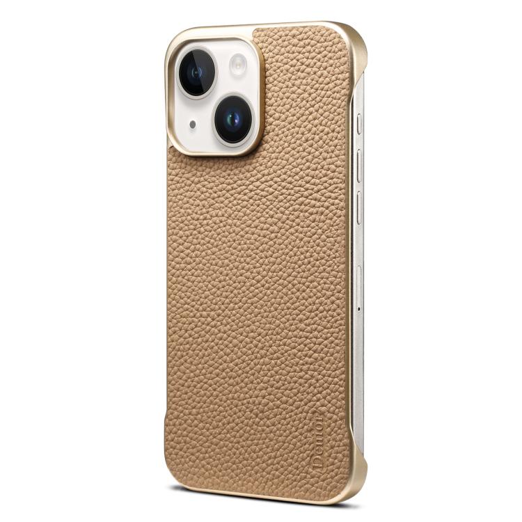 For iPhone 14 / 13 Denior A20 Genuine Leather Litchi Texture MagSafe Frameless Phone Case(Khaki) by Denior