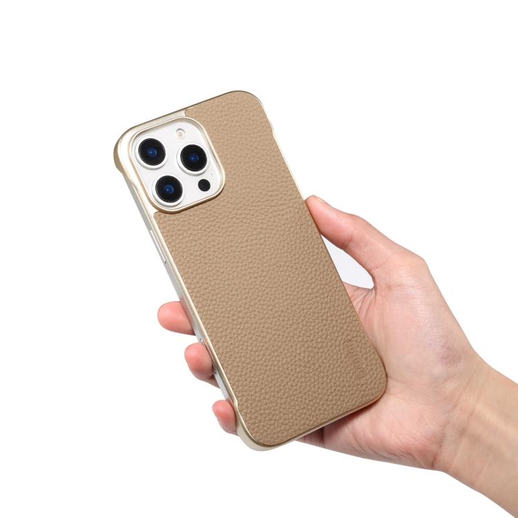For iPhone 14 / 13 Denior A20 Genuine Leather Litchi Texture MagSafe Frameless Phone Case(Khaki) by Denior