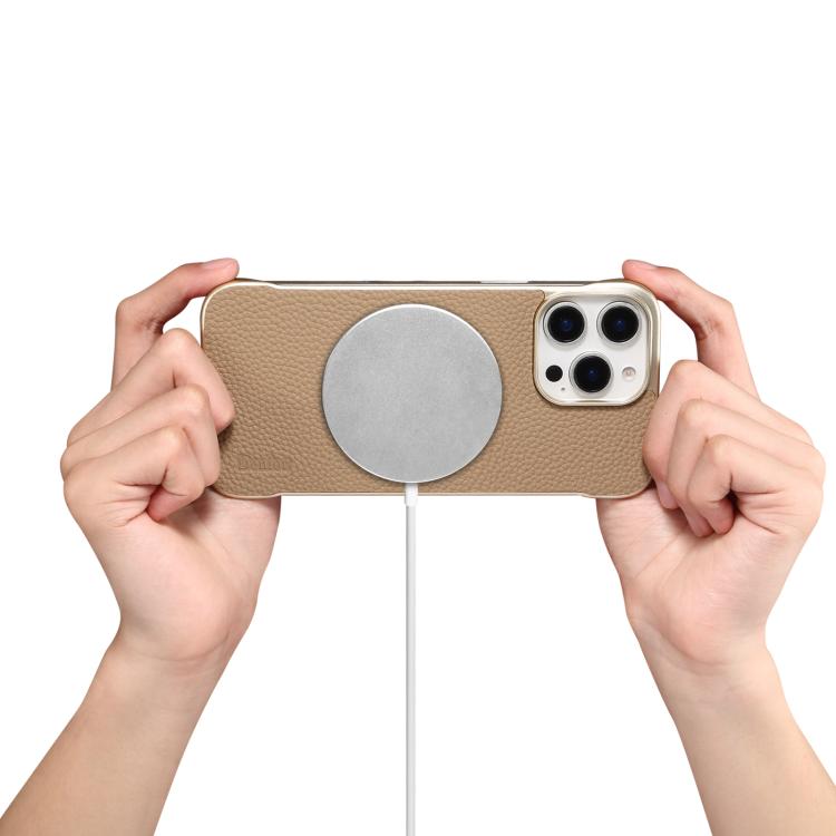For iPhone 15 Denior A20 Genuine Leather Litchi Texture MagSafe Frameless Phone Case(Khaki) by Denior