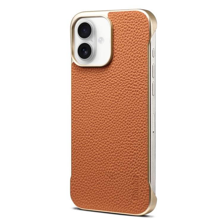 For iPhone 16 Denior A20 Genuine Leather Litchi Texture MagSafe Frameless Phone Case(Brown) by Denior