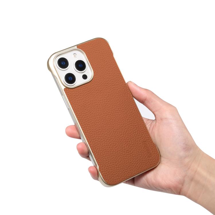 For iPhone 16 Denior A20 Genuine Leather Litchi Texture MagSafe Frameless Phone Case(Brown) by Denior