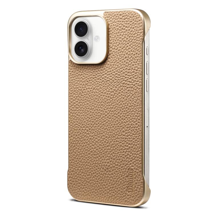 For iPhone 16 Denior A20 Genuine Leather Litchi Texture MagSafe Frameless Phone Case(Khaki) by Denior