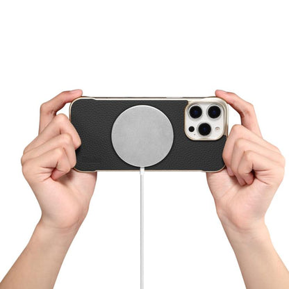 For iPhone 16 Plus Denior A20 Genuine Leather Litchi Texture MagSafe Frameless Phone Case(Black) by Denior