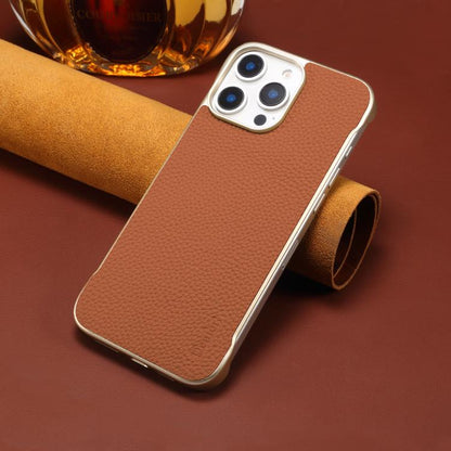 For iPhone 16 Plus Denior A20 Genuine Leather Litchi Texture MagSafe Frameless Phone Case(Brown) by Denior
