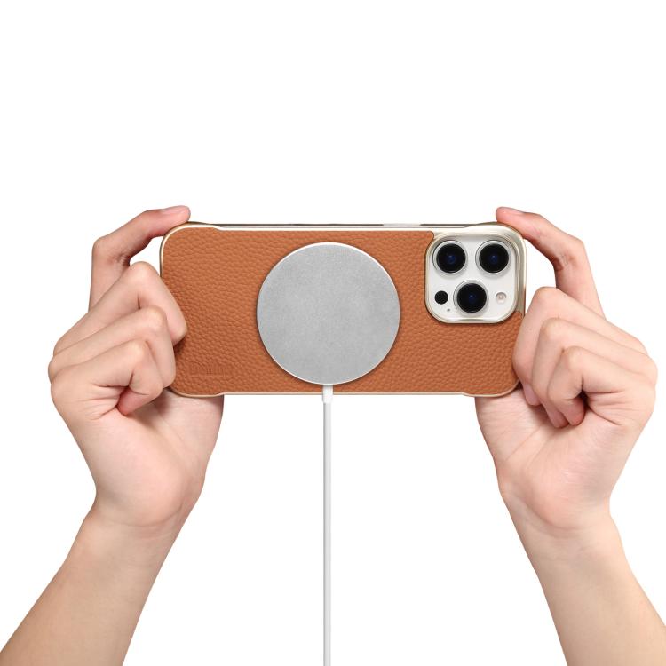 For iPhone 16 Pro Denior A20 Genuine Leather Litchi Texture MagSafe Frameless Phone Case(Brown) by Denior