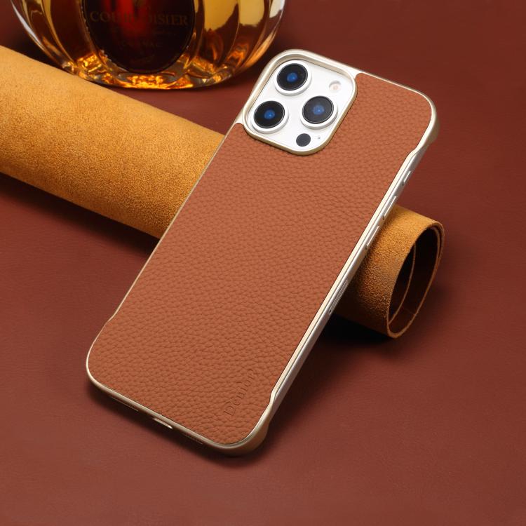 For iPhone 16 Pro Max Denior A20 Genuine Leather Litchi Texture MagSafe Frameless Phone Case(Brown) by Denior