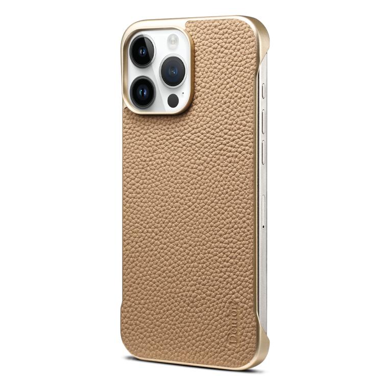 For iPhone 16 Pro Max Denior A20 Genuine Leather Litchi Texture MagSafe Frameless Phone Case(Khaki) by Denior