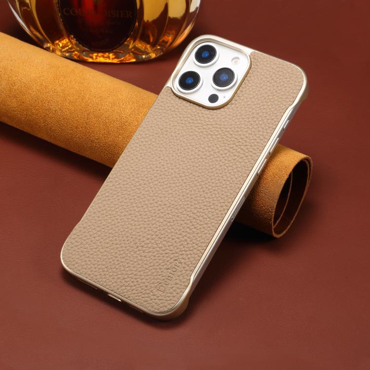 For iPhone 16 Pro Max Denior A20 Genuine Leather Litchi Texture MagSafe Frameless Phone Case(Khaki) by Denior