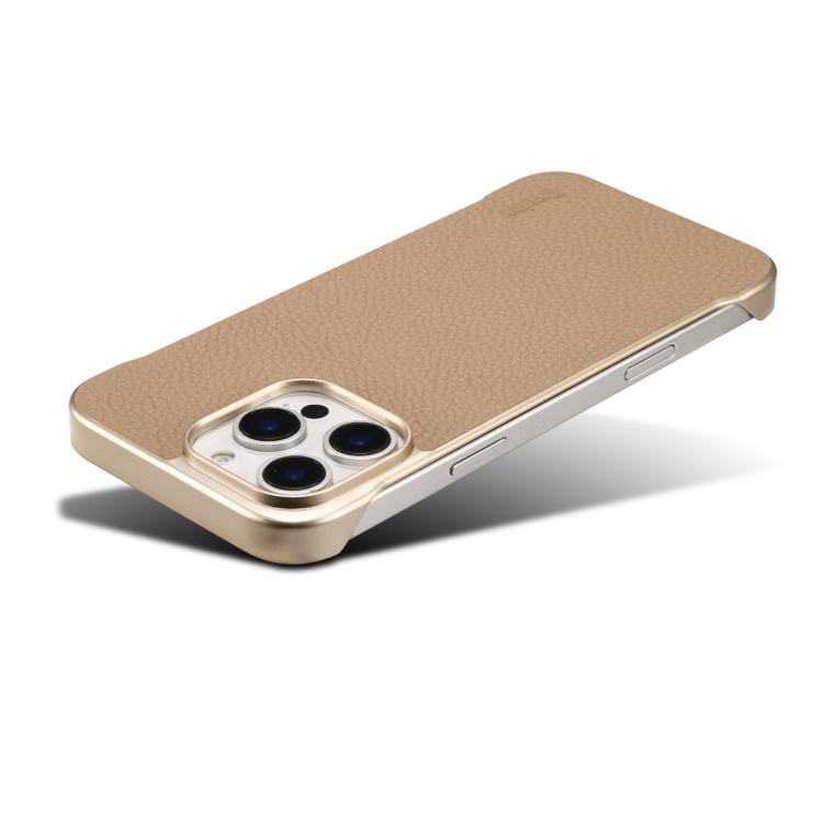 For iPhone 16 Pro Max Denior A20 Genuine Leather Litchi Texture MagSafe Frameless Phone Case(Khaki) by Denior