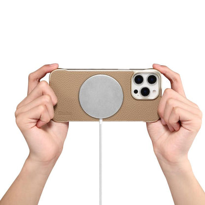 For iPhone 16 Pro Max Denior A20 Genuine Leather Litchi Texture MagSafe Frameless Phone Case(Khaki) by Denior
