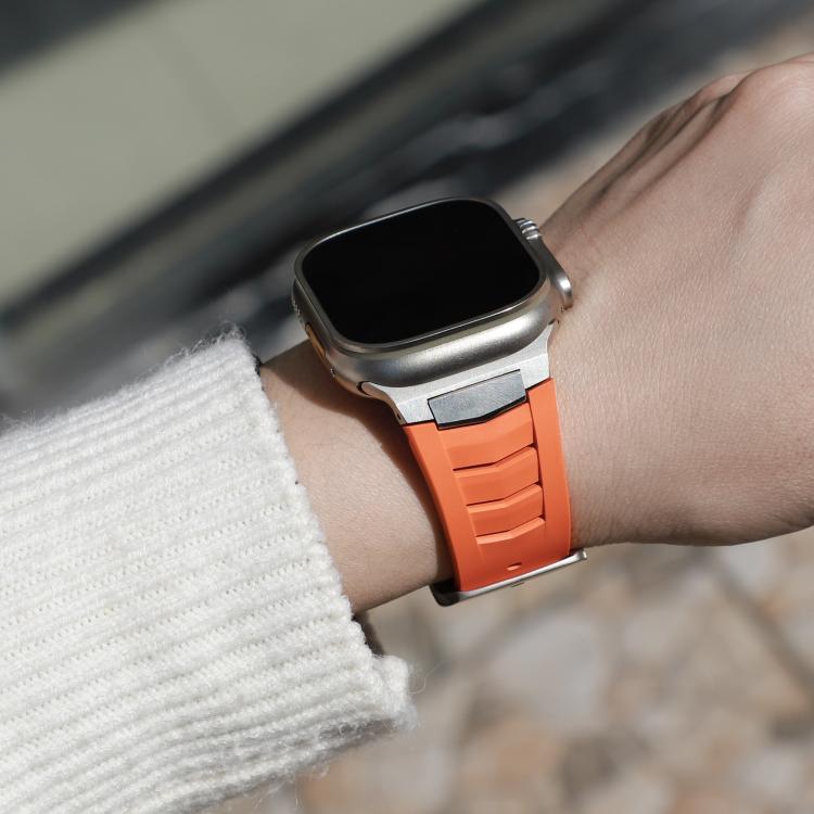 For Apple Watch Ultra / Ultra 2 49mm Stainless Steel Buckle Fluororubber Watch Band(Orange Silver) by bashfashion
