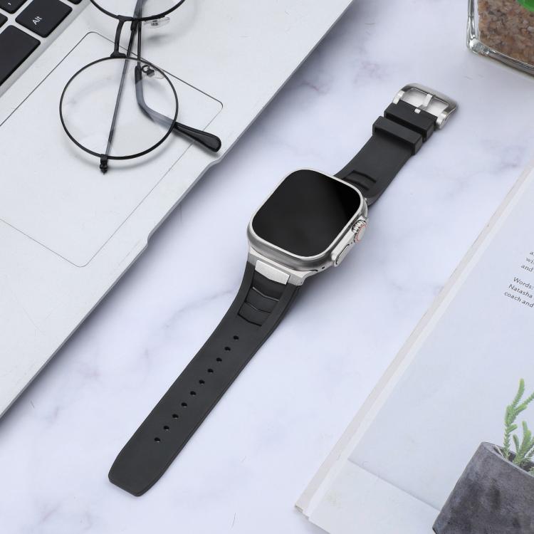 For Apple Watch Ultra / Ultra 2 49mm Stainless Steel Buckle Fluororubber Watch Band(Black Silver) by bashfashion