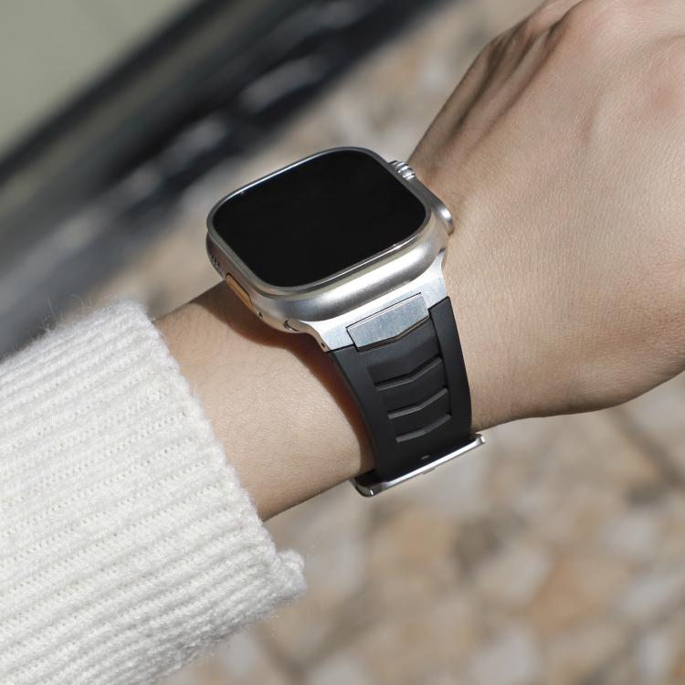 For Apple Watch Ultra / Ultra 2 49mm Stainless Steel Buckle Fluororubber Watch Band(Black Silver) by bashfashion