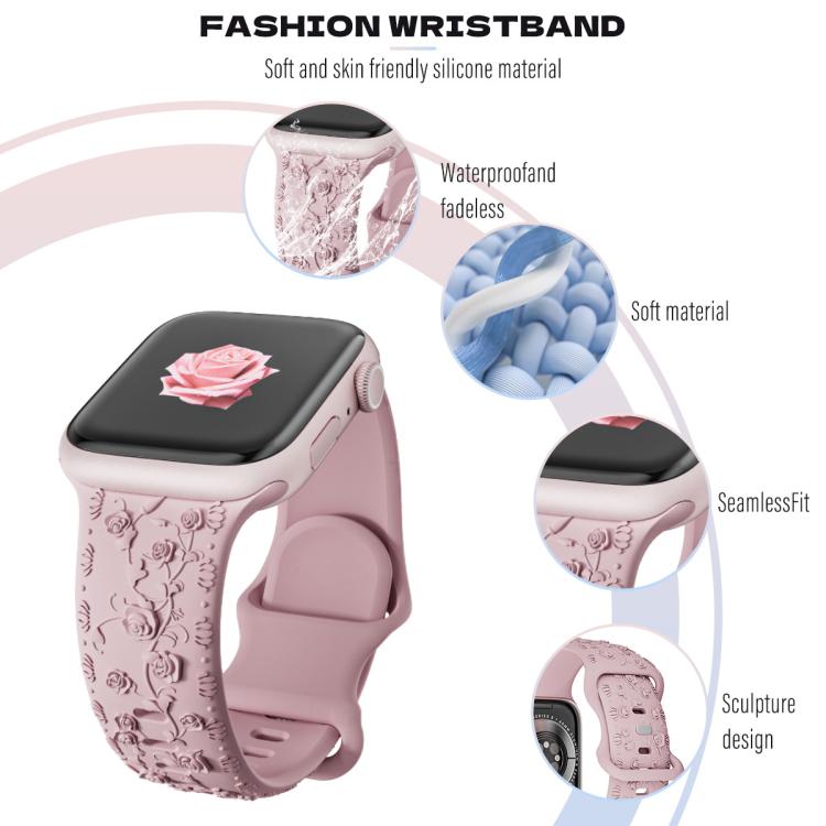 For Apple Watch 46mm / 49mm / 45mm / 44mm Embossed 3D Rose Flower Silicone Watch Band(Pink) by bashfashion