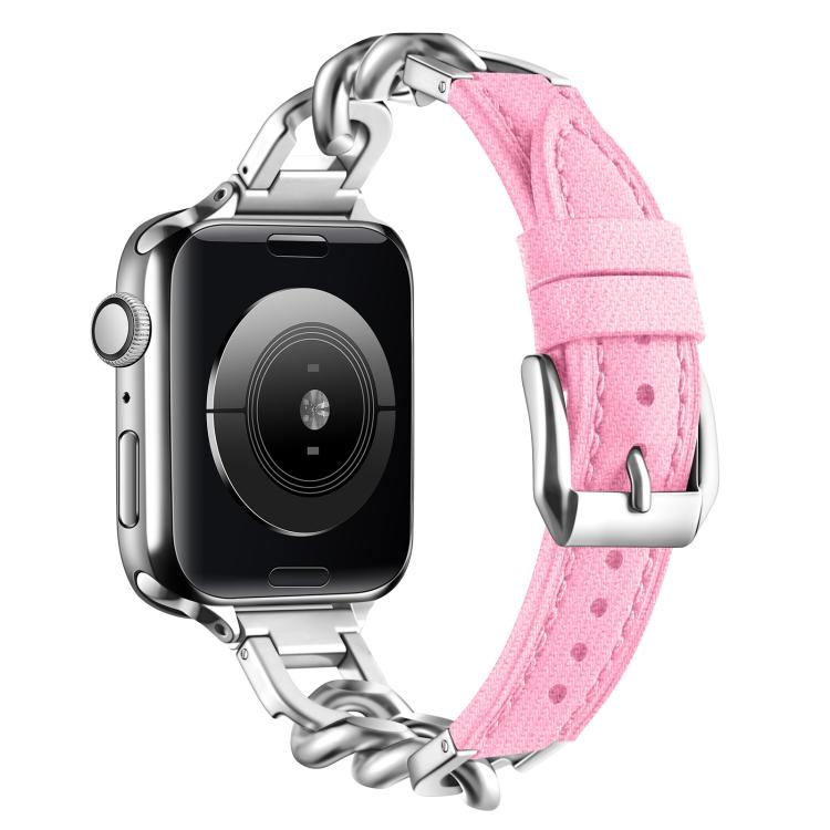 For Apple Watch 46mm / 49mm / 45mm / 44mm Metal Chain Leather Denim Watch Band(Pink) by bashfashion
