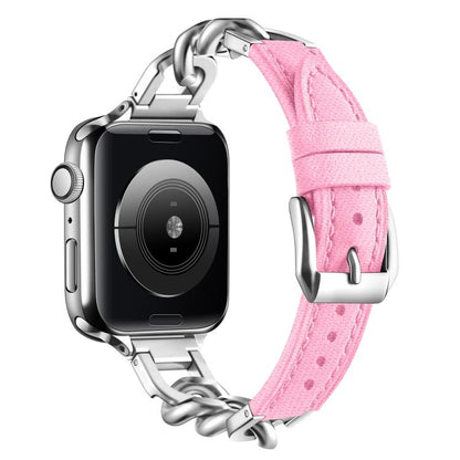 For Apple Watch 46mm / 49mm / 45mm / 44mm Metal Chain Leather Denim Watch Band(Pink) by bashfashion