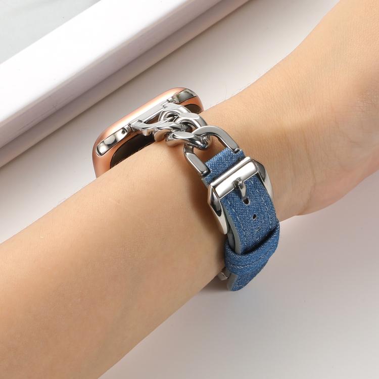 For Apple Watch 46mm / 49mm / 45mm / 44mm Metal Chain Leather Denim Watch Band(Baby Blue) by bashfashion